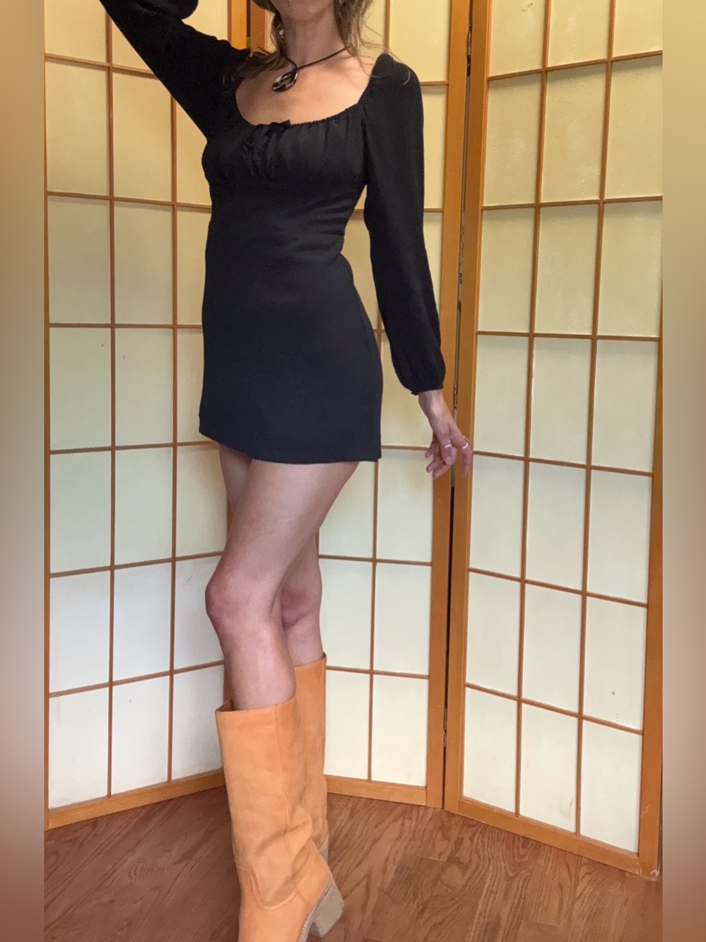 Practical Magic Aritzia Black Mini Dress Milkmaid Smocked Longsleeve M